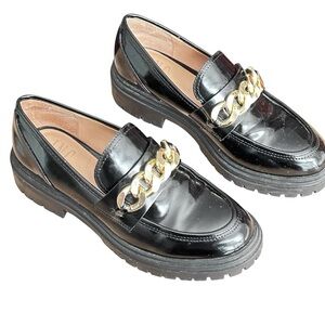 INC Brea Women's  Black Patent Leather Gold Chain Chunky Lug Sole Loafers
